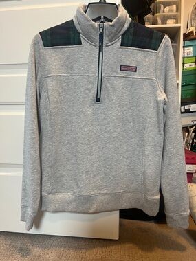 Vineyard Vines Light Gray Quarter-Zip Sweatshirt with Green/Blue Plaid Yoke